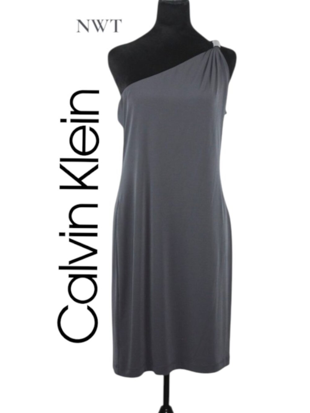NWT Calvin Klein Charcoal Grecian Style Dress with Silver Hardware Size 12